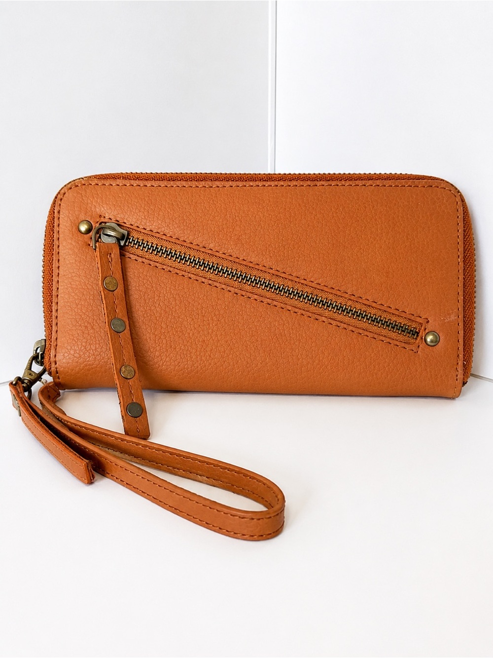 Free People Cognac Vegan Leather Zip Around Wristlet Wallet